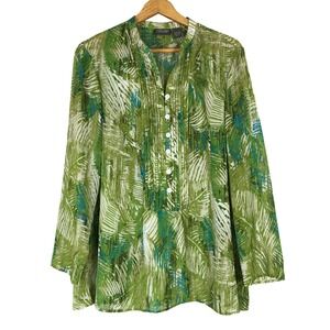 Additions by Chico's Green Palm Leaf Print Pleated Button Front Shirt Top Size 2